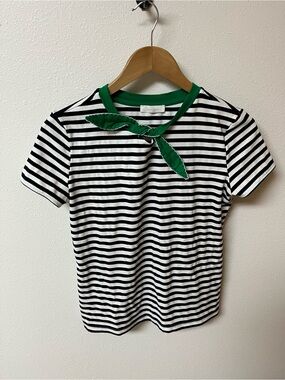 All:Row Striped Navy & White Tee with Green Trim neckline no tag fits women’s S